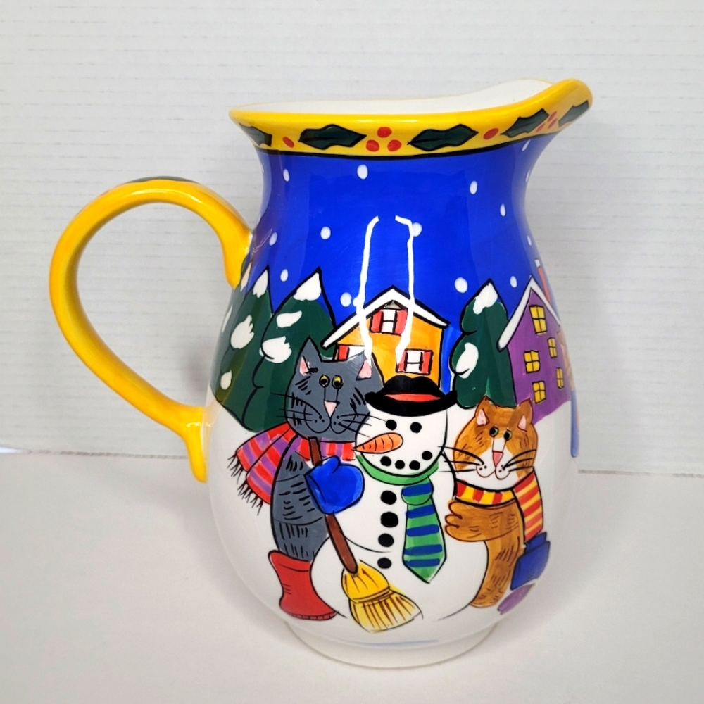 Colorful Catzilla Cats and Snowman Large Vintage Ceramic Pitcher Candace Reiter